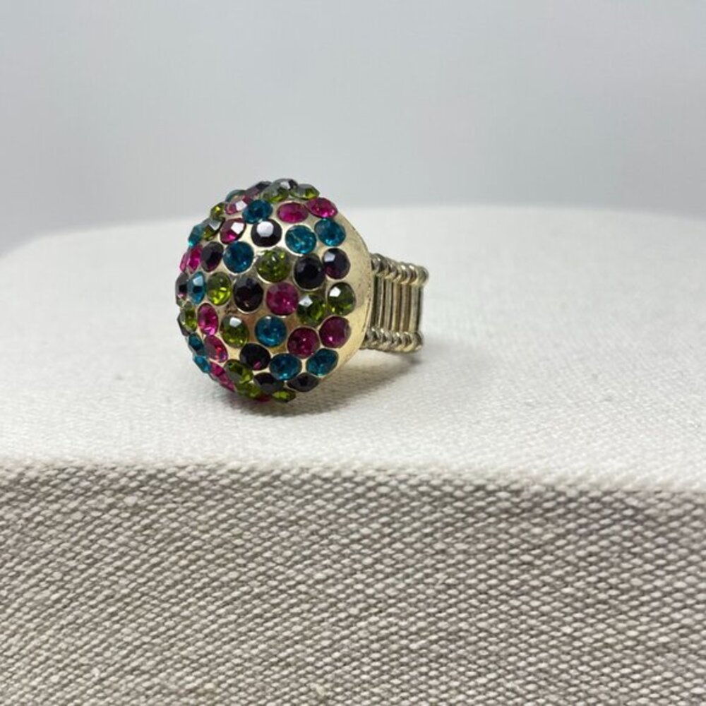 Rainbow Multicolor Disco Ball Cocktail Ring Stretch Band‎ Gold-Tone